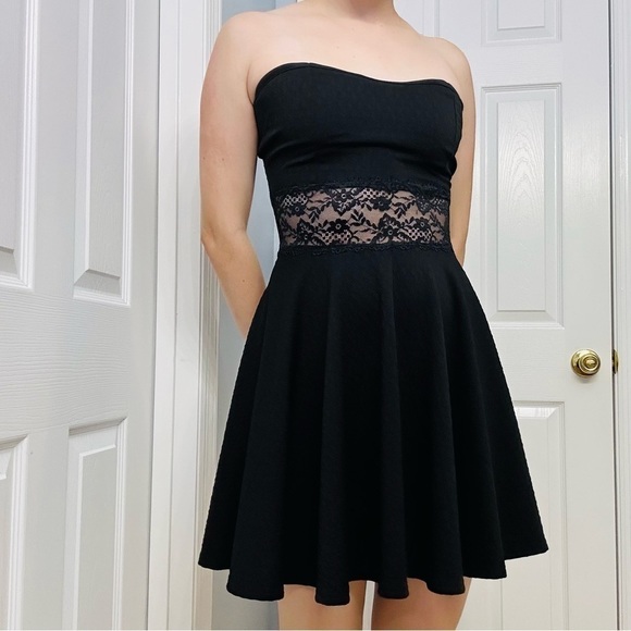 Y2K Dress Mini Black Strapless Cut Out Lace Waist Black Grunge A-line Medium - Picture 2 of 7